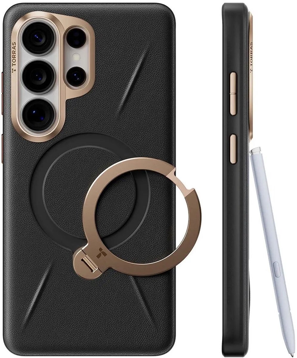 TORRAS Ostand Q Pro Leather - Hoesje Geschikt voor Samsung Galaxy S26 Ultra - Compatibel met MagSafe - 360° Draaibare Magnetische Standaard - Back Cover Kickstand Ring - Zwart