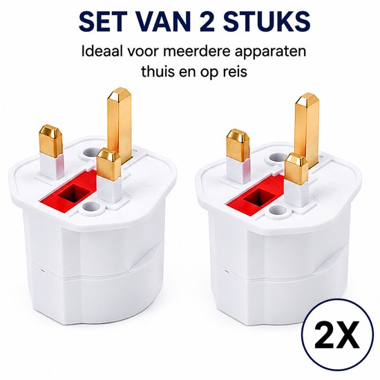 Set van twee witte 3-pins Britse reisstekkers, ideaal voor thuis en op reis.
