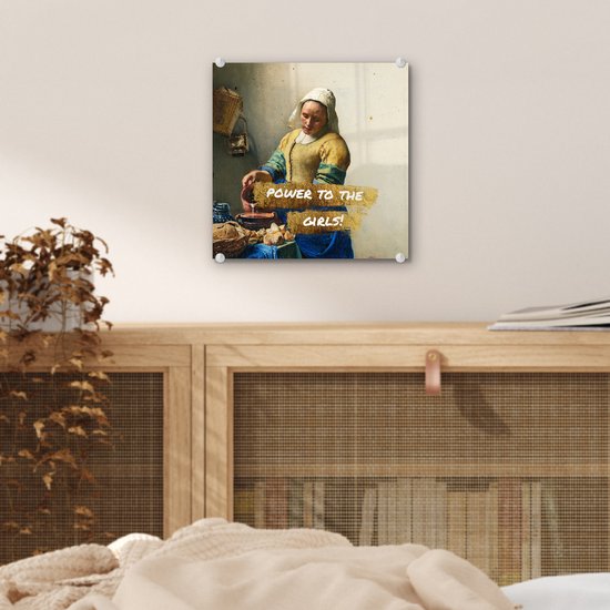 ® Glasschilderij 20x20 cm - Schilderij acrylglas - Melkmeisje - Goud - Quotes - Schilderij - Oude meesters - Foto op glas - Muurdecoratie woonkamer - Wanddecoratie slaapkamer - Schilderijen