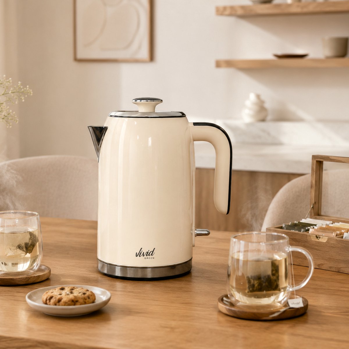 Vivid Green Luxe Waterkoker 1.7L - Retro Design - 2200W - BPA-vrij - 360° - RVS - Creme — afbeelding 4