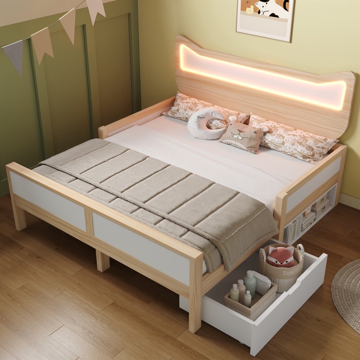 KOMHTOM Kinderbed - 140×200 cm - met kattenoren hoofdeinde - RGB-LED-verlichting - lattenbodem - flexibele lade & opbergvak links/rechts te monteren - kindveilige beschermhekken - wit & eiken - zonder matras Eiken, wit