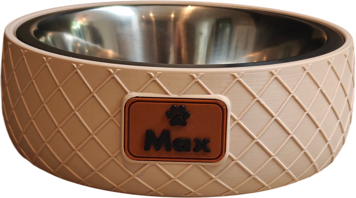 Gepersonaliseerde voerbak met naam – luxe design voerbak voor hond & kat – antislip – RVS binnenbak – beige