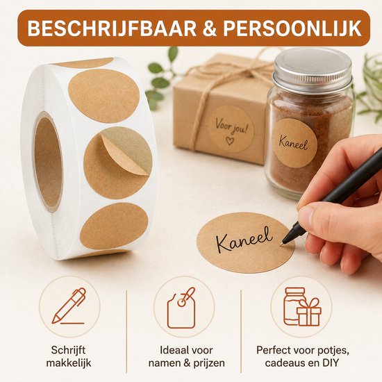 Consumerce® Ronde Cadeaulabels op Rol - 500 Stuks - Kraft Cadeau Stickers - Stippen Etiketten Rond - Cadeaustickers Klein - Kado Labels Karton - Sluitstickers - Cadeau Etiketten - Envelop Sluitzegels - Bedank stickers
