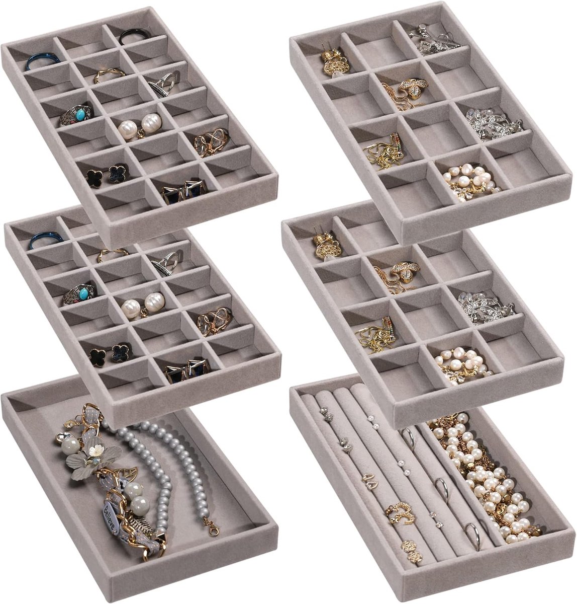 Famanu – Set van 6 stapelbare fluwelen sieraden trays voor het organiseren van ringen, kettingen en armbanden