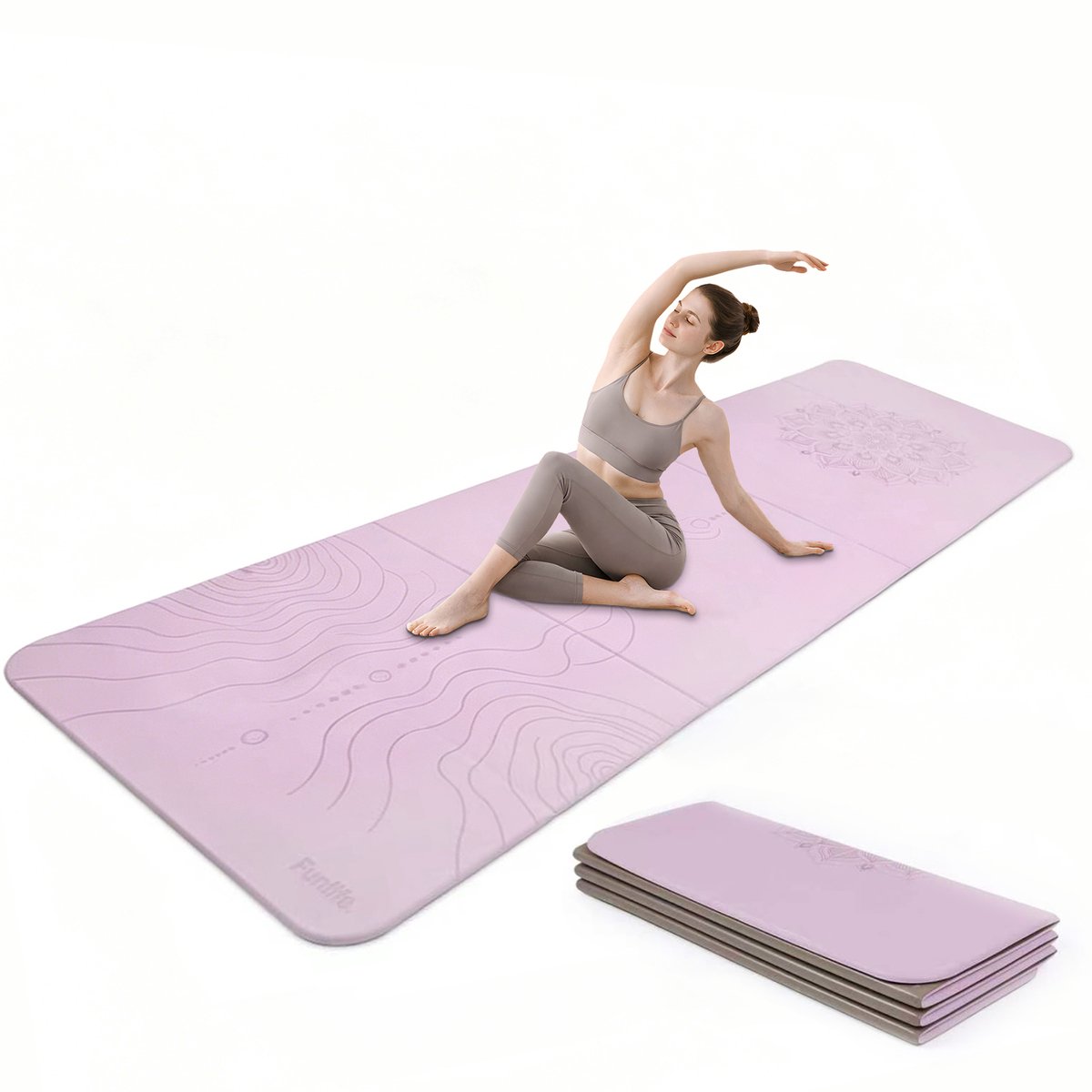Funlife Opvouwbare Yogamat 190 x 66 cm - 10 mm Dik - Antislip Fitnessmat voor Yoga, Pilates en Thuis Workout - Lavendel Paars Mandala Design
