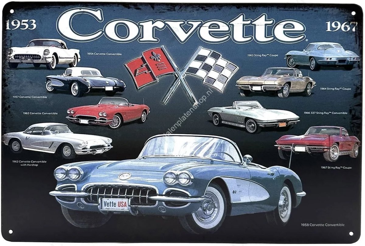 Corvette 1953-1967 Collection Metalen Wandbord - Corvette 1953-1967 Collectie - 30x40 cm - Retro Auto Decoratie - Mancave Garage Bord - Wanddecoratie Woonkamer - Cadeau Man - Vintage Reclamebord - Reclameplaat - Cafe - Tekstbord - Vintage - Muurplaat