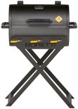 Donkergrijze Boretti gasbarbecue op een X-vormig onderstel met gele hendels en 'BORETTI' logo.