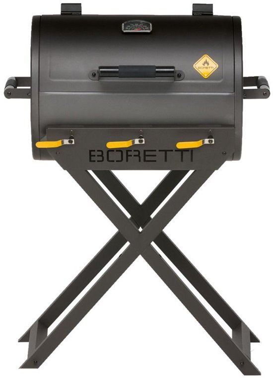 Donkergrijze Boretti gasbarbecue op een X-vormig onderstel met gele hendels en 'BORETTI' logo.