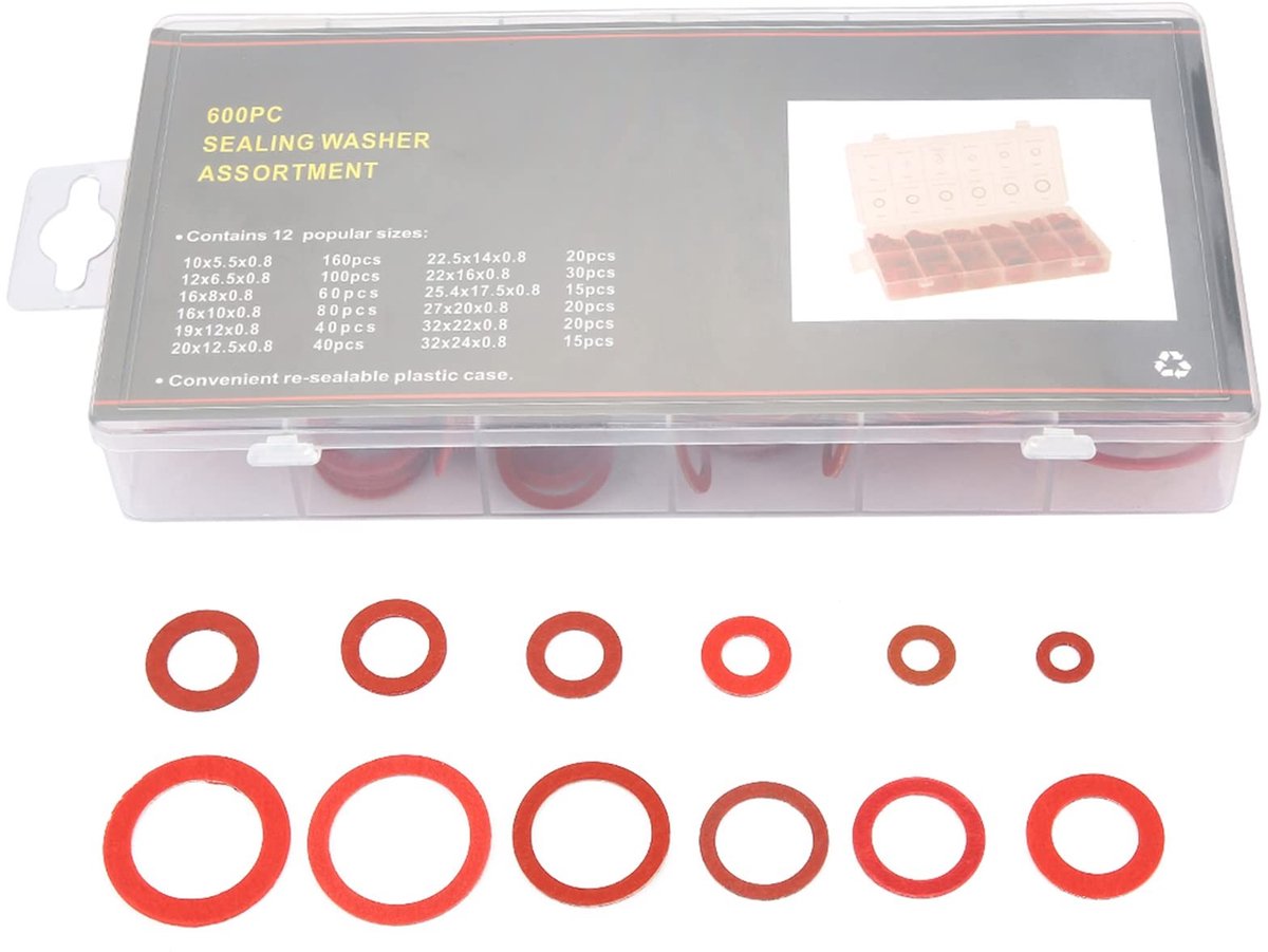 Livia home - Sluitringen Kit - 600 Stuks - Gemakkelijk op te bergen - Rood Staal Papier Vezel - Huishoudelijke en Automotive Toepassingen - Ideaal voo