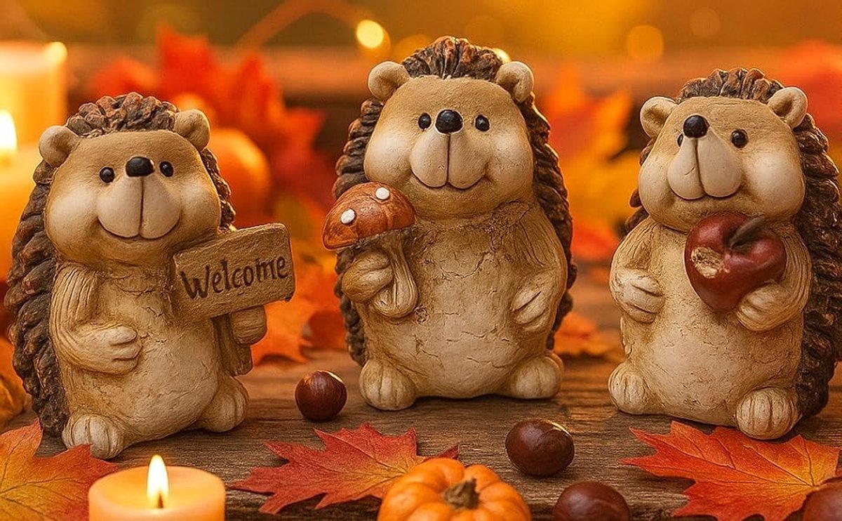 Livia home - Decoratieve figuren - Terracotta herfstfiguren - Set van 3 - Interieurdecoratie - Egel en paddenstoel - Voor thuisgebruik - Natuurlijke a
