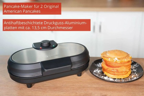 Zwarte Unold dubbele pancakemaker met RVS deksel, voor 2 American Pancakes met anti-aanbakplaten.