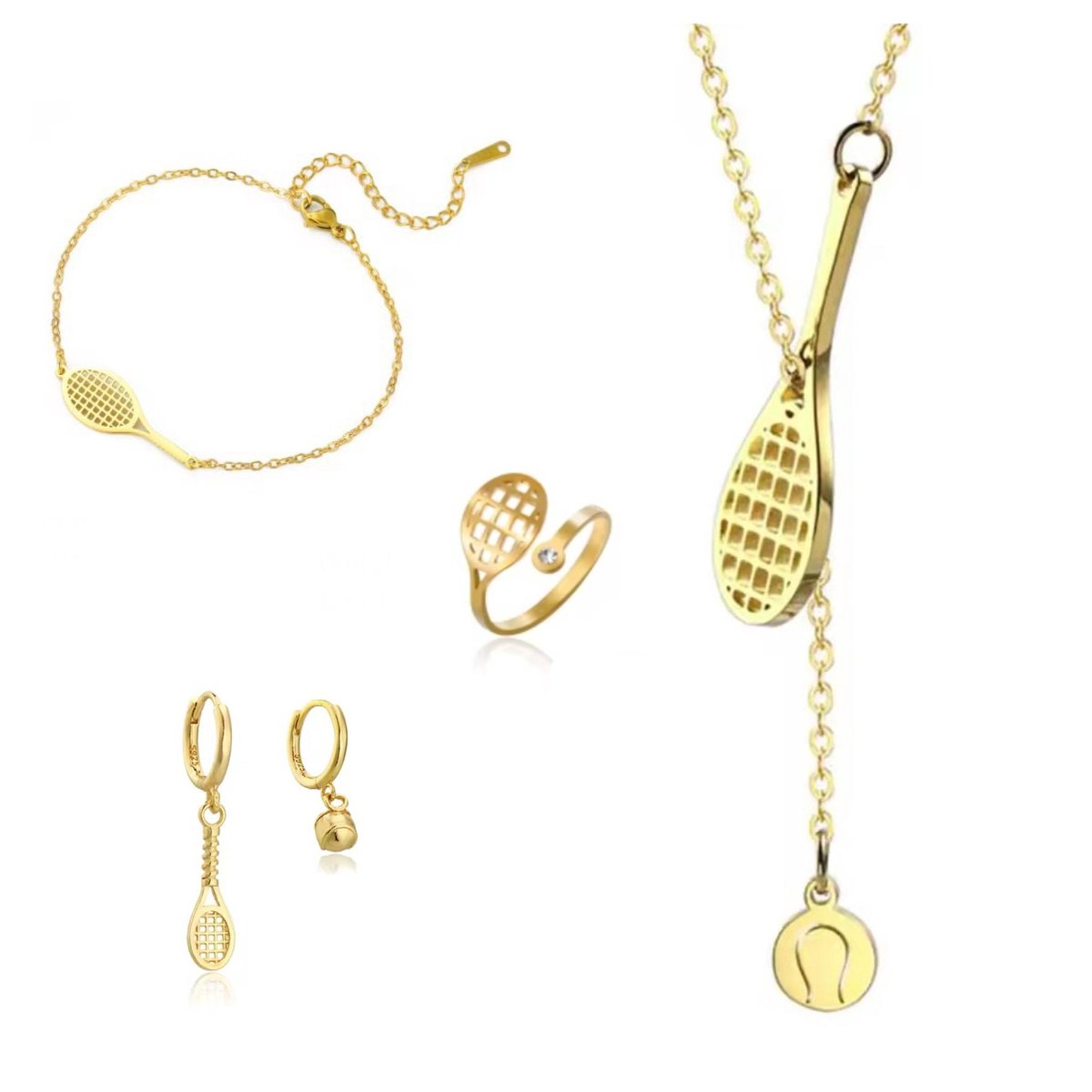 SportPresent® - Sieradenset - Tennis - Padel - Ring - Oorbellen - Armband - Ketting - RVS - Goud - Tennisracket - 925 - Tennisbal - Sieraad - Kado - Sport - Teamkado - Sportsieraad