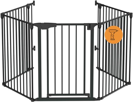 ADSafety 5 Panelen Schroefhekje - Tot 340 CM - Veiligheidshekje - Multifunctioneel Kinderhekje - Kamer Verdeler - Hondenhek - Zwart