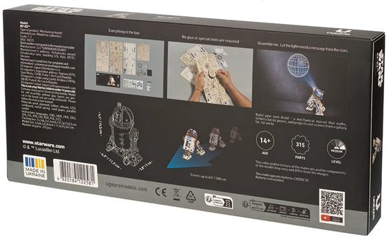 Achterkant van de R2-D2 Ugears modelbouwkit verpakking met afmetingen en informatie.