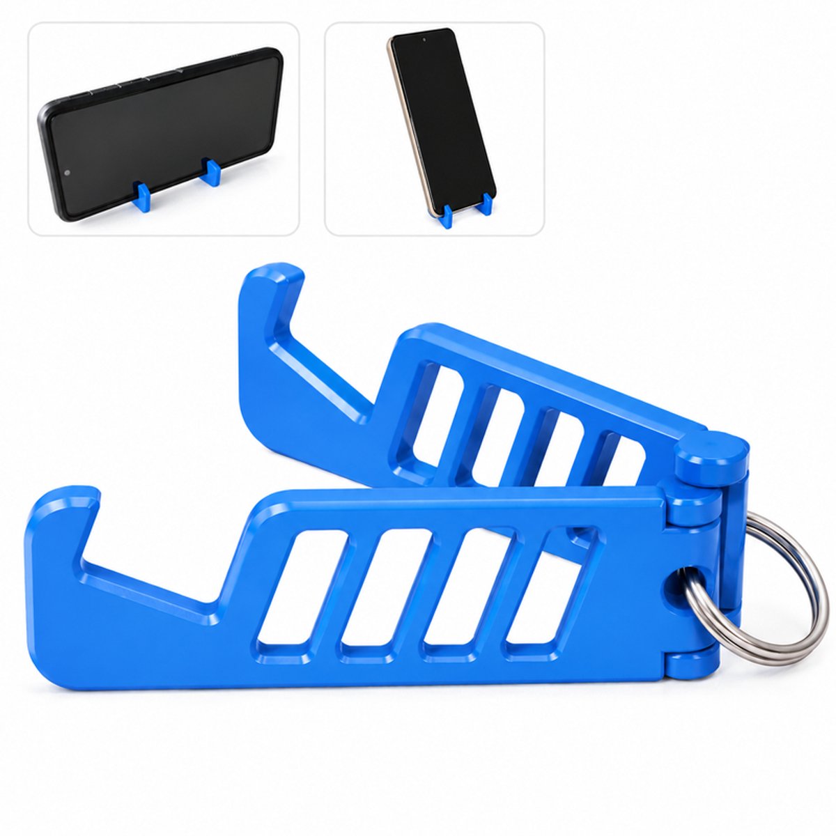Compact Opvouwbare Telefoonhouder Sleutelhanger - Verstelbare Mobiele Telefoon Standaard Voor Smartphone - Inklapbare Bureau Houder Voor iPhone Samsung En Android - Staand En Liggend Kijken - Draagbaar Design Voor Onderweg En Reizen - Blauw