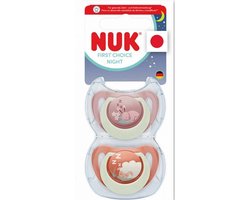 NUK First Choice Fopspeen – Siliconen – Lichtgevend in het Donker – 2 Stuks- rood- 18-36maanden