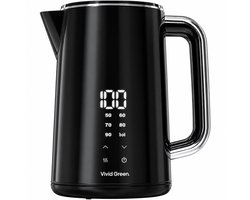 Vivid Green 2200W Waterkoker - 1.7L - Instelbare Temperatuur - BPA-vrij - Dubbelwandig - Warmhoudfunctie - Elektrisch - RVS - Zwart