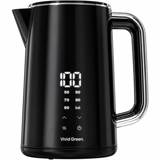 Vivid Green 2200W Waterkoker - 1.7L - Instelbare Temperatuur - BPA-vrij - Dubbelwandig - Warmhoudfunctie - Elektrisch - RVS - Zwart