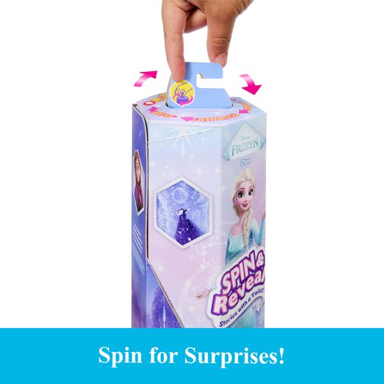 Doos van de Disney Frozen spin & reveal Elsa pop. Kind opent de doos.
