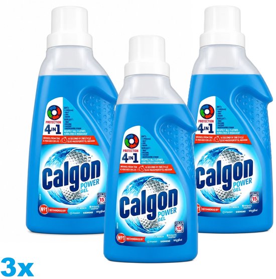 Trois bouteilles de Calgon Power Gel bleu vif, avec "4 en 1" et "No1 RECOMMENDED BY" sur l'étiquette.