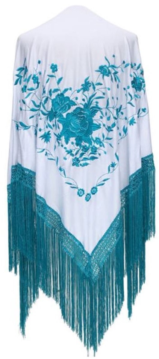La Señorita - Spaanse manton - omslagdoek - blauw wit Large met blauwe franjes