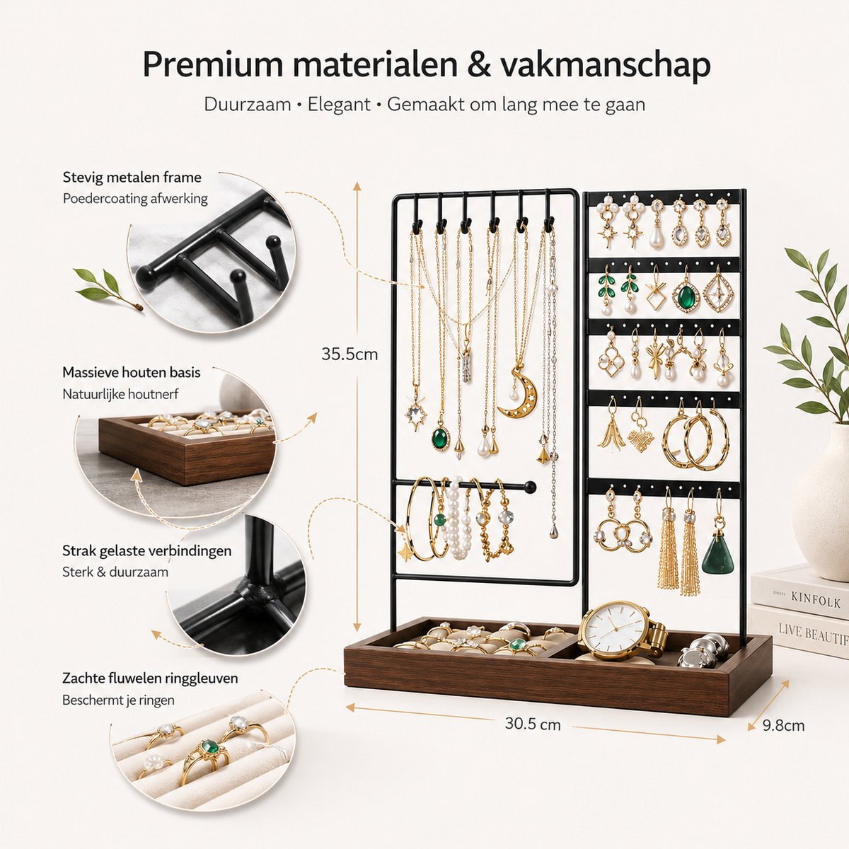 BOTC Sieradenhouder - Voor kettingen / armbanden / Oorbellen - Sieraden Organizer - Oorbellenrekje - Ketting houder - Zwart/Bruin — cadeau in Wonen & Interieur - foto 6