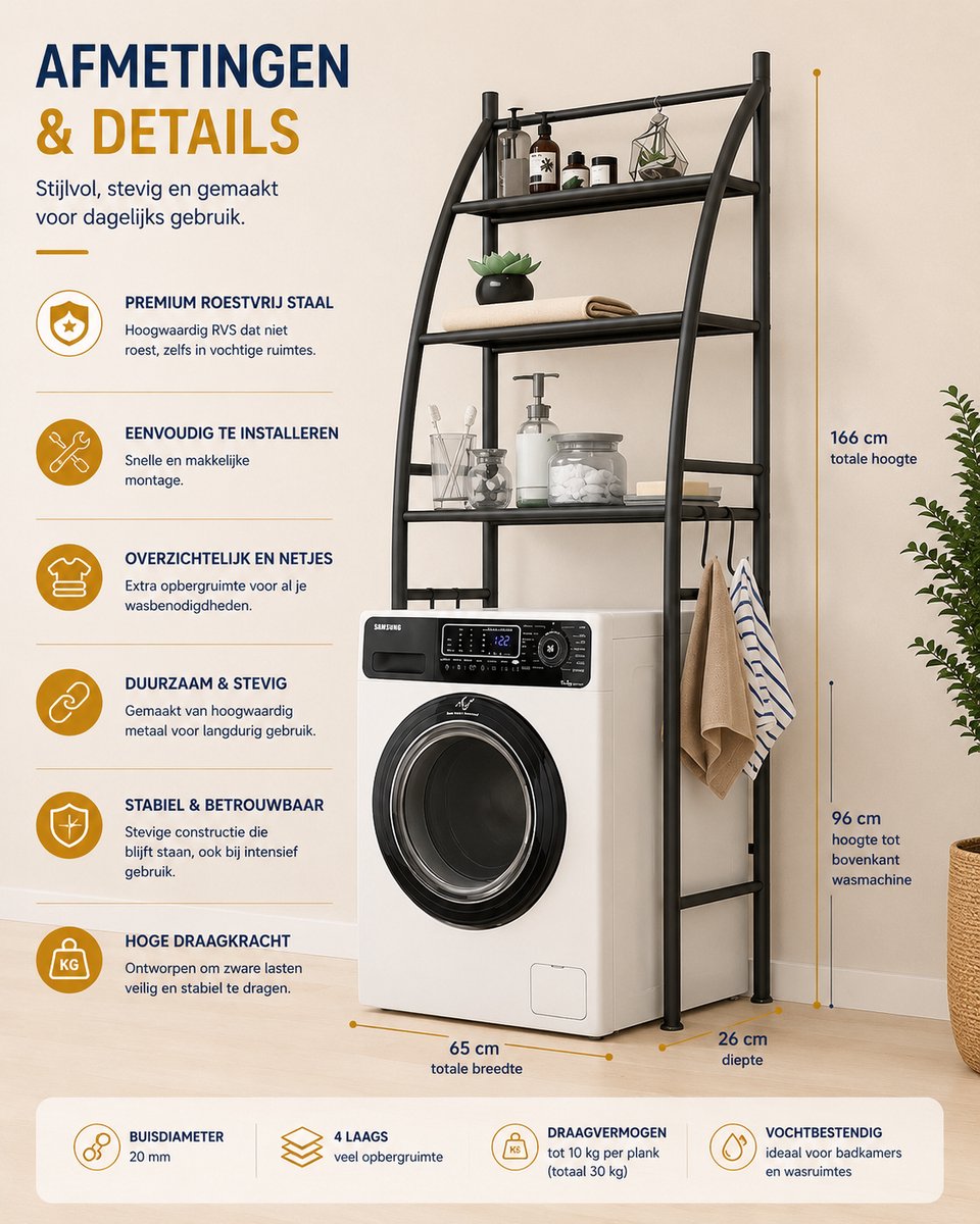 MeubelsvanJoep wasmachine ombouw rek zwart 166 x 65 x 25 cm - Wasmachine rek met opbergruimte zwart - Wasmachine rek bovenlader zwart - Wasmachine rek voorlader zwart - Toilet kast - Wc meubel - Wc kast — afbeelding 4