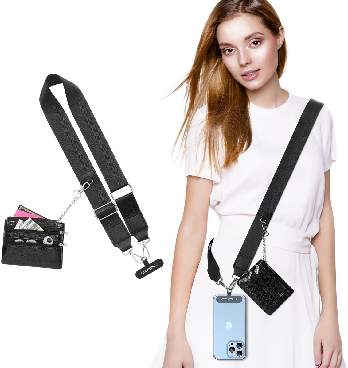 Jhubersproducts - Telefoonkoord - Universeel - Verstelbaar - Zwart - Crossbody telefoonkoord met zakje - Ideaal voor iPhone en Samsung - Voor de meest