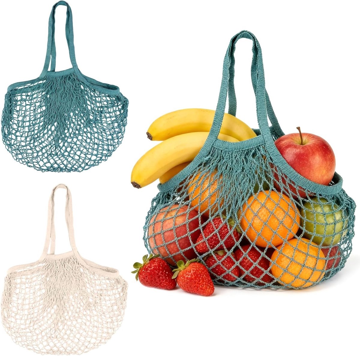 Set van 2 Vouwbare Mesh Tassen voor Groenten en Fruit, Herbruikbare Katoenen Netzakken voor Reis, Strand en Winkelen