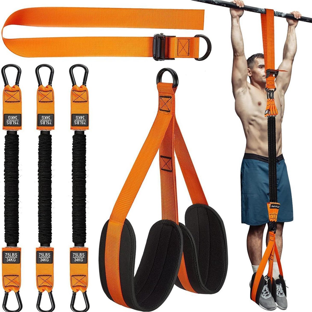 Pull Up Assistance Weerstandsbanden - 225 lb Heavy Duty Resistance Band - Set van 3 Weerstandsbanden - Fitness elastiek - Draagtas - Orange