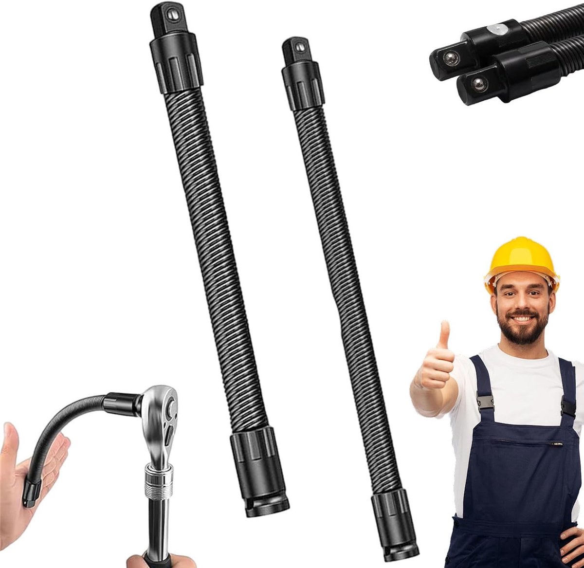 Flexibele verlengstang voor momentsleutel van 1/2 inch - Set van 2 (25 cm en 35 cm) - Buigbare sleutelverlenger - Robuuste slagmoersleutel - Flexibele verbindingsstang voor zwaar gebruik - Geschikt voor autoreparaties - Zwart