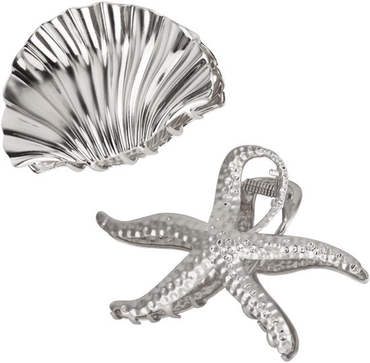2 Stuks Haarklemmen - Schelp en Zeester - Grote Klemmen voor Lang en Krullend Haar - Zilver