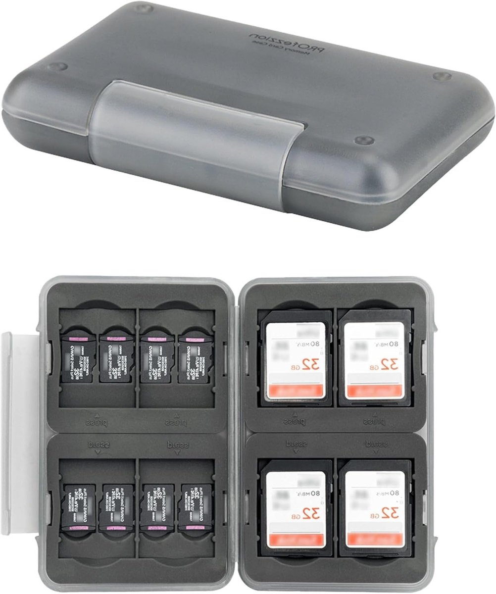 Waterdichte Geheugenkaart Houder voor 8 SDHC SDXC Kaarten + 16 Micro SD Kaarten, Schokbestendig en Zacht Rubber Interieur, Grijs