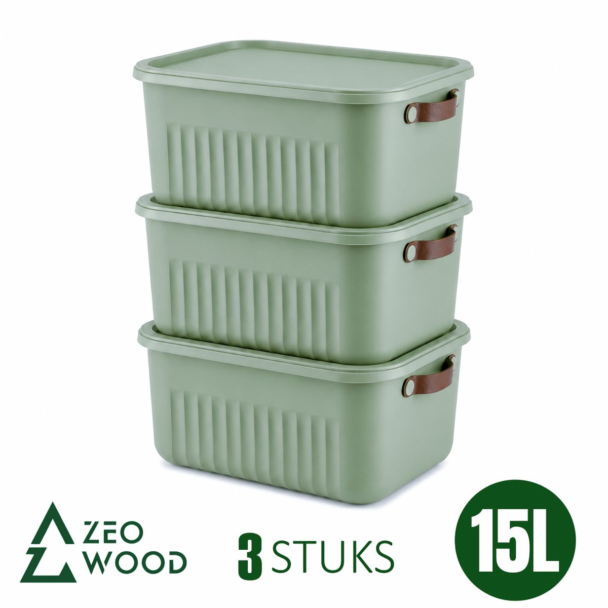Zeo Wood® - Opbergbox met Deksel - Opbergdozen met Deksel - Opbergmand met Deksel - Set van 3 - 15L - Groen