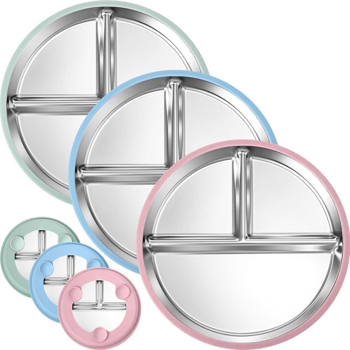 Set van 3 roestvrijstalen babybordjes met zuignapjes. De roestvrijstalen kinderbordjes worden geleverd met 3 antislip zuignapjes. De tussenschotten hebben verwijderbare siliconen hoesjes. Niet giftig en BPA-vrij.