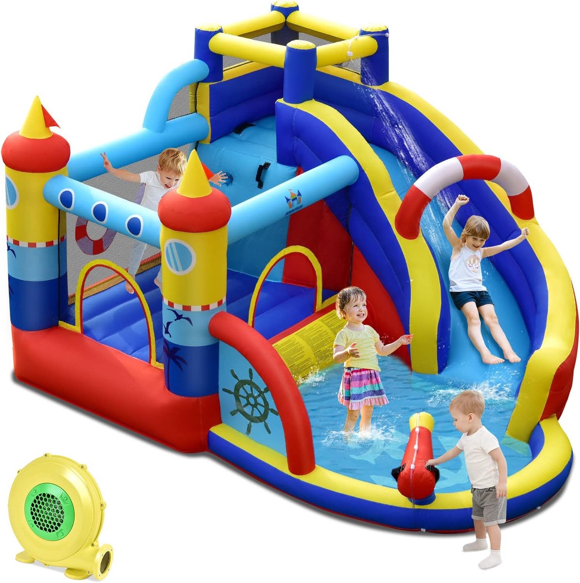 COSTWAY Opblaasbaar springkasteel met 550 W ventilator, 6-in-1 waterpark met glijbaan, kinderbadje en waterkanon, outdoor bouncer springkasteel springkasteel voor kinderen, tuin, 360 x 290 x 200 cm