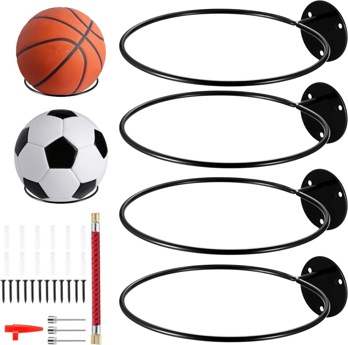 4-delige Wandhouder voor Sportballen, Muurbevestiging voor Basketbal, Voetbal en Rugby, Ideaal voor Weergave van Sportuitrusting in Zwart