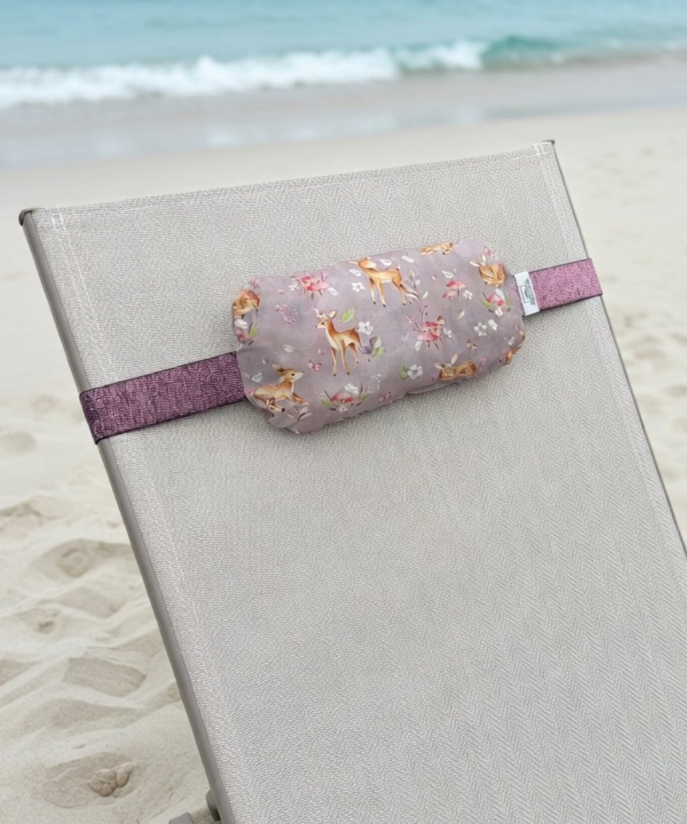 Strand Handdoek elastiek met Katoenen Kussen - Beachcloud Portofino – Voor Strandbed & Ligbed – Roze met Hertenprint en glitter Handdoekelastiek
