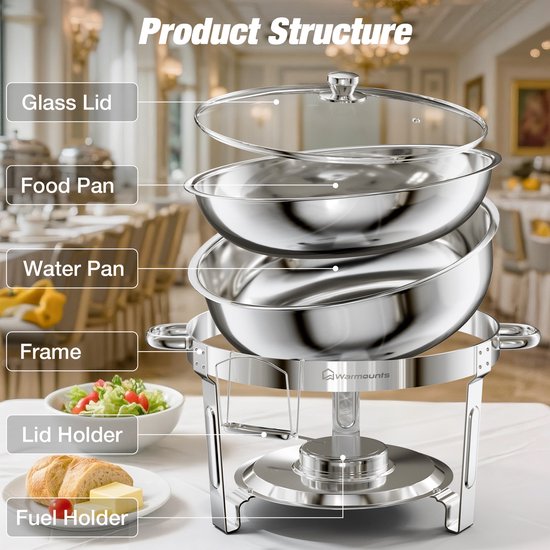 Warmounts 4-delige Ronde Chafing Dishes Buffetwarmer 4,7L - RVS met Glasdeksel, Stapelbaar, Met Dekselhouder - Party & Buffet Verwarming — afbeelding 3