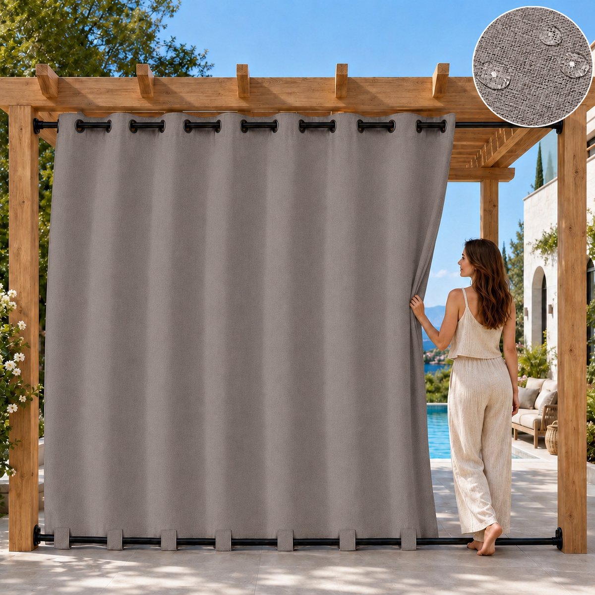 Qelus 2 Stuk Linnenlook Lichtgewicht Buitengordijn voor Pergola en Balkon - 254x214 cm - Weerbestendig Outdoorgordijn met Lusbodem - Zonwerend en Verduisterend - Faux Linnen Terrasgordijn - Taupe
