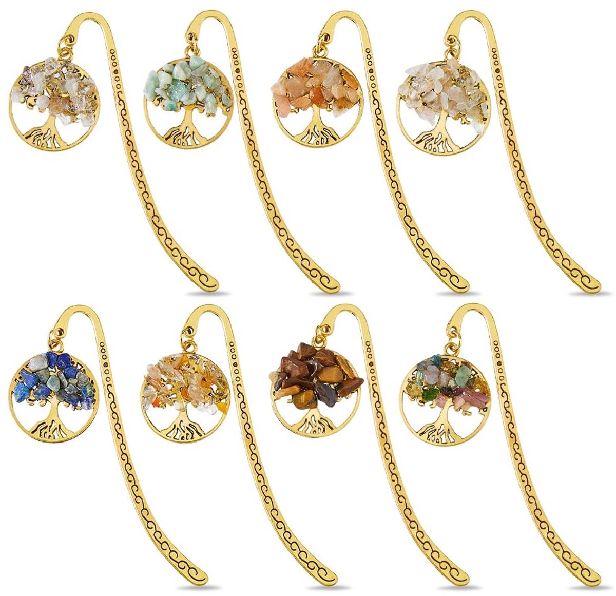 Dailygoods - Legering Bladwijzer - Antiek Goud - 8 Stuks - Levensboom - Chakra met Kristallen - Geschikt voor Boekenliefhebbers