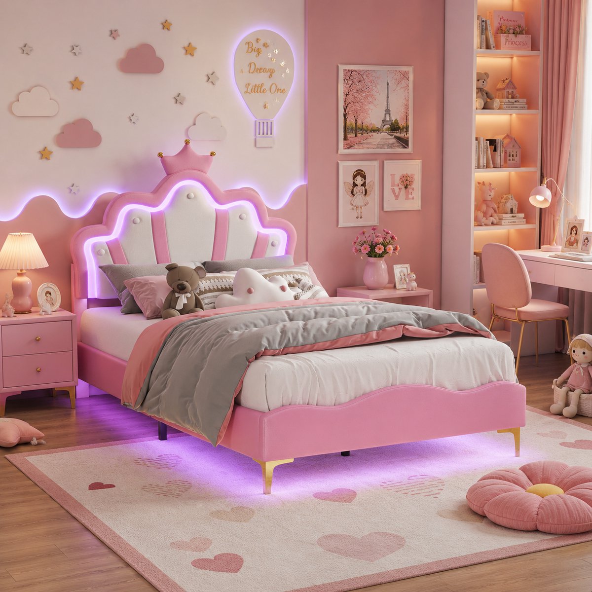 MEXUS Tweepersoonsbed voor meisjes 140x190 cm, LED-verlichting, kroonvormig verstelbaar hoofdeinde, prinsessenbed, fluweel, Roze prinsessenbed, matras niet inbegrepen