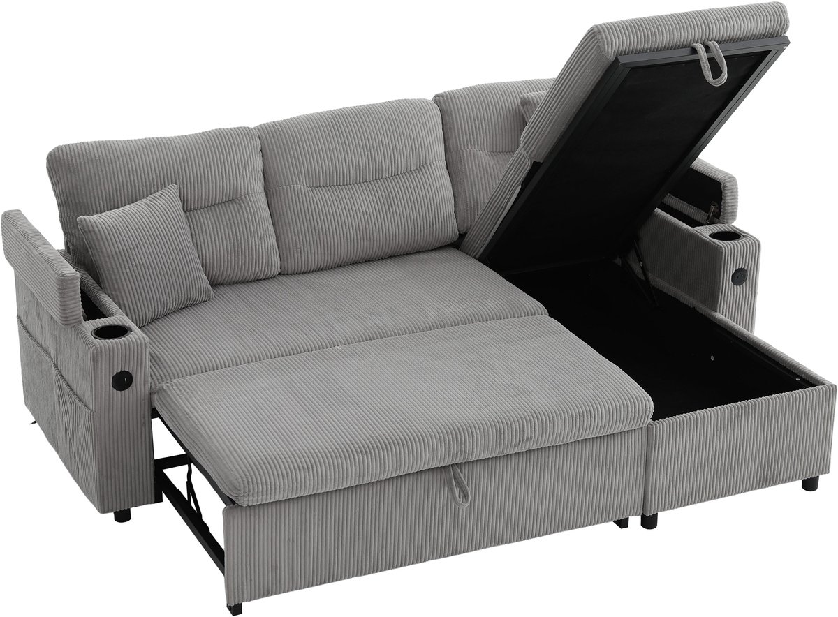 REDOM 3-Zits Hoekbank Met Opbergruimte En Uitschuifbed - Modern - Voor Woonkamer - Cord - Lichtgrijs - 212,5 x 136 x 86 cm