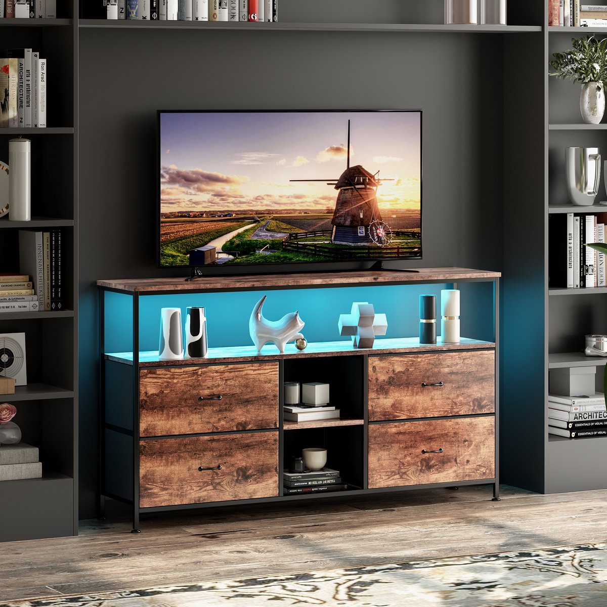 TV-Meubel, LED TV-Meubel, Hoog TV-Meubel met Opbergruimte, Verstelbare Planken, 4 Stoffen Lades, Geïntegreerde Opbergoplossing, Kijkervaring en Verbeterde Esthetiek (tijgerstreep, 108 cm)