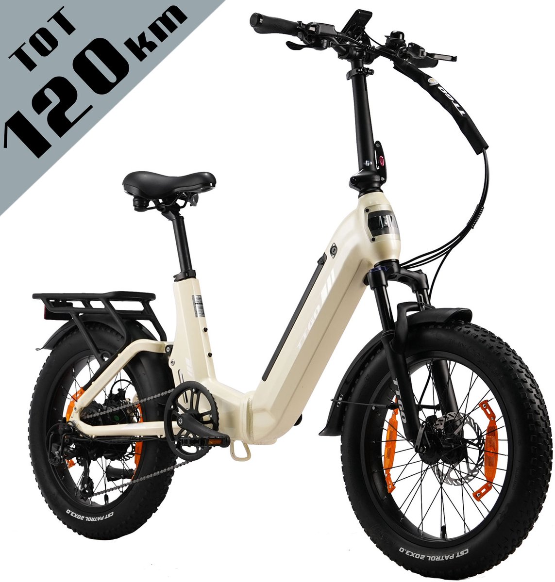 TTGO F7 Opvouwbare Elektrische Fiets – Aluminium Frame met Achtervering – 720Wh Lithium Accu – Actieradius tot 120 km – 20×3.0 inch Brede Banden – Hydraulische Schijfremmen – Achterwielmotor – Shimano 7 Versnellingen– Elektrische Stadsfiets– Parelwit