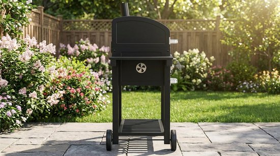 Houtskool BBQ Grillwagen XXL - Staande Barbecue met Deksel & Thermometer, 2-in-1 Grill & Smoker, In Hoogte Verstelbare Kolenbak, Gietijzeren Rooster, Warmhoudrooster, Zijtafels & Accessoires - House&Garden Pro BBQ Station XXL - 153x73x137 cm (Zwart) — afbeelding 4