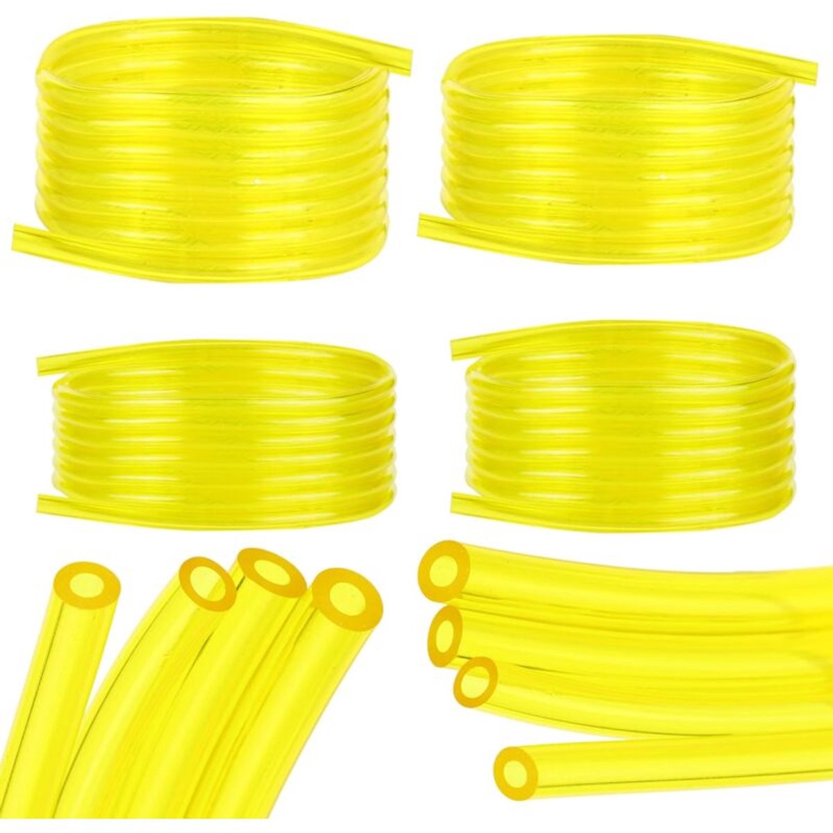 4-delige brandstofslangenset, 1,5 meter transparante gele brandstofslang (2 x 3,5 mm, 2,5 x 5 mm, 3 x 5 mm, 3 x 6 mm), geschikt voor grasmaaier, PVC-slang, brandstofslang