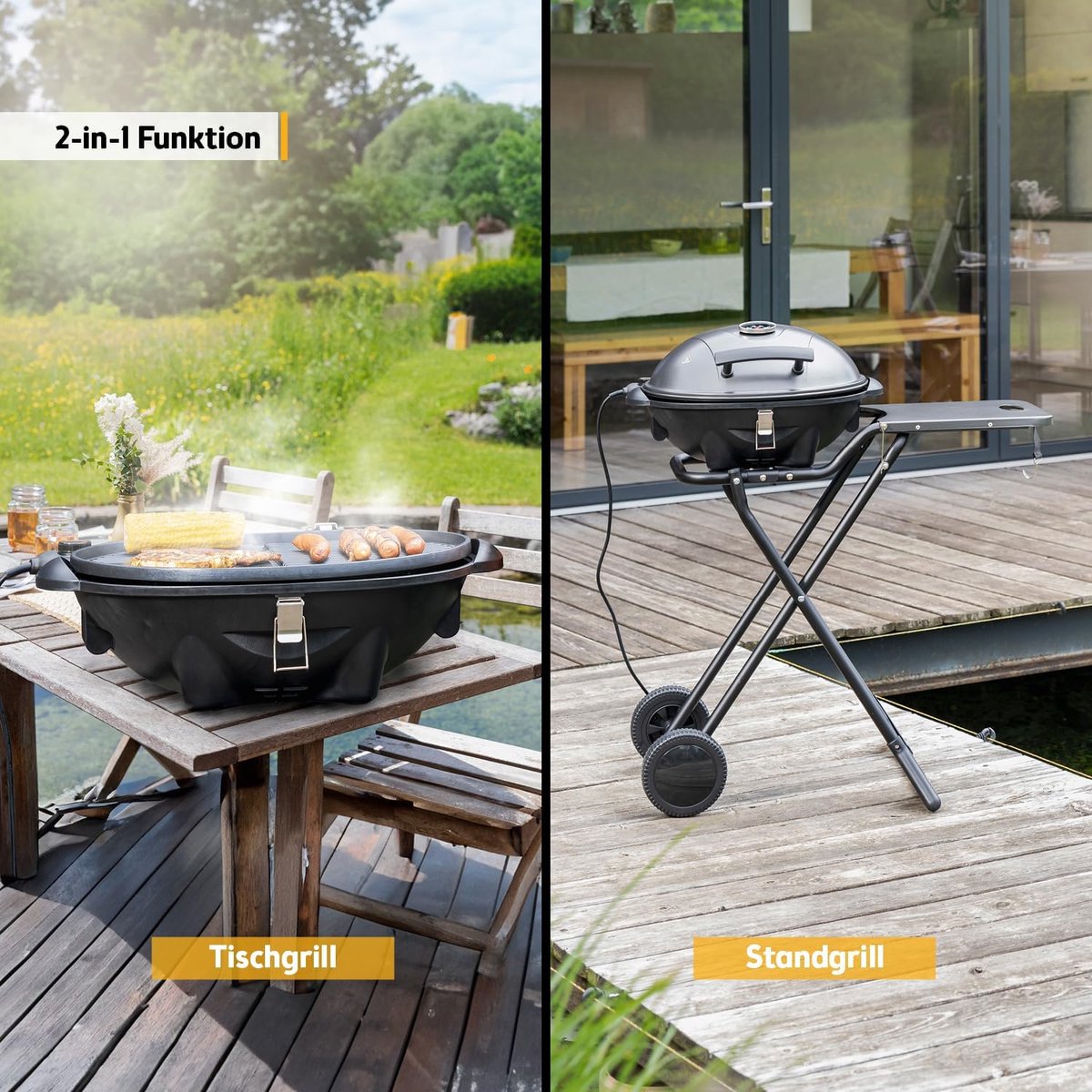 Elektrische BBQ Grill 2-in-1 – Tafelgrill & Staande Barbecue 2400W met Deksel, Rolwagen, Anti-aanbak Grillplaat, Vetopvang & Zijplank – Inklapbare Balkon BBQ Grill – House&Garden Electric Grill Pro 2400W – Grijs/Zwart