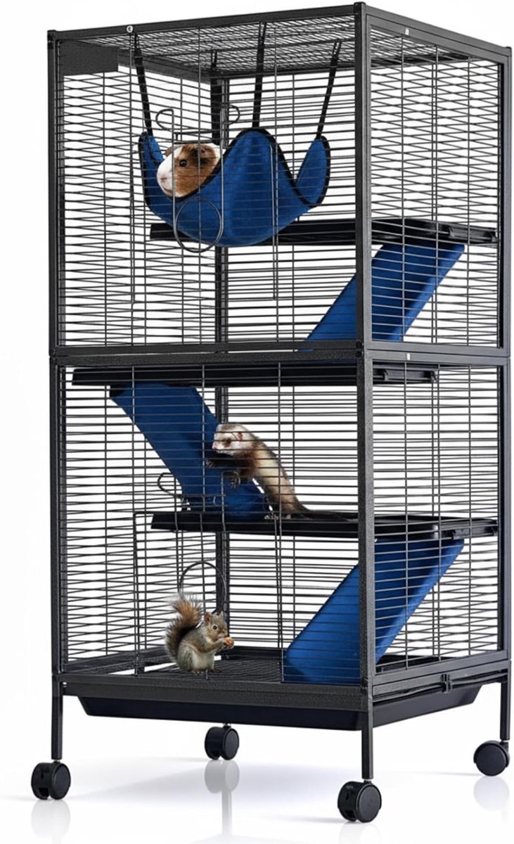 Knaagdierkooi op Wielen - Kleindierverblijf voor Cavia's, Fretten en Chinchilla's - Meerlaags met Plateaus en Trappen - Verrijdbaar - Zwart