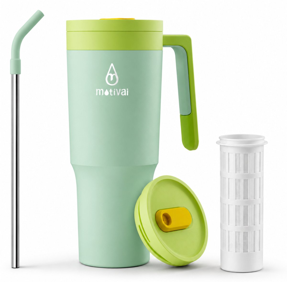Motivai Travel Cup RVS Thermosbeker met Handvat & Rietje – 1.2L (40oz) – Lekvrij & Dubbelwandig – Drinkbeker To Go – Thermosfles Waterfles – Mint Groen